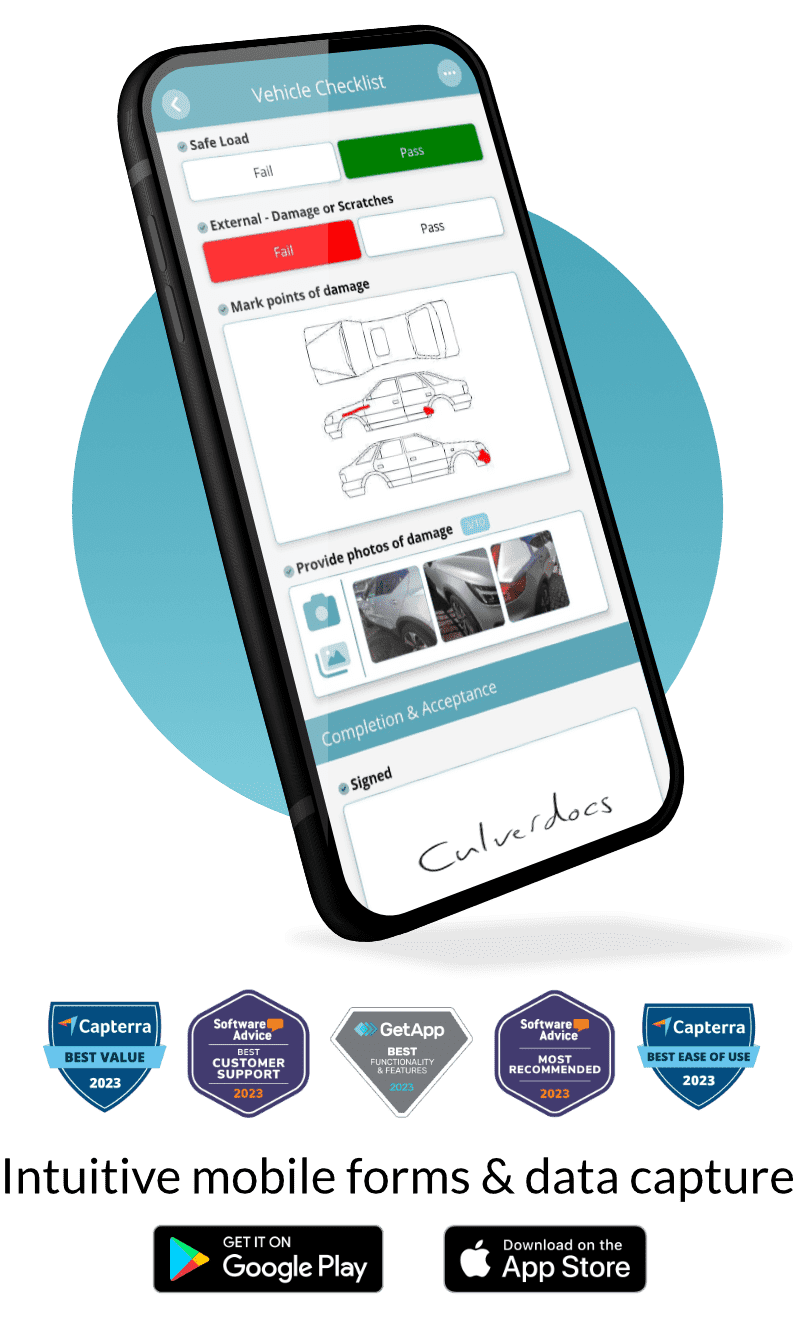 Culverdocs app with Capterra, apple store, and google play badges