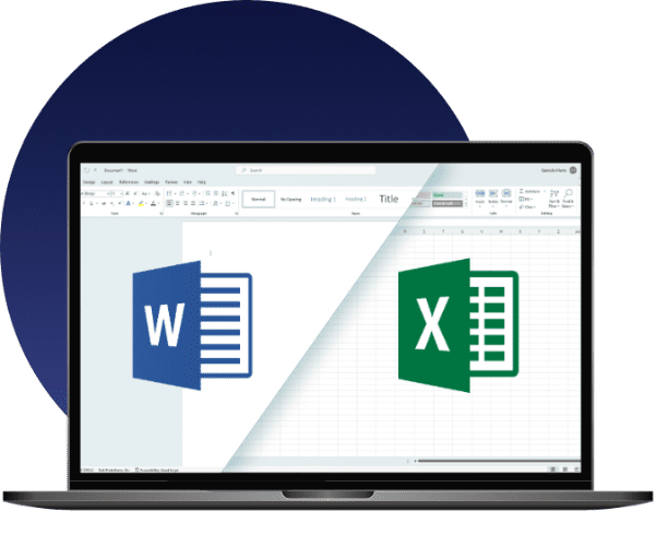 laptop with Excel and Word open side-by-side for reporting