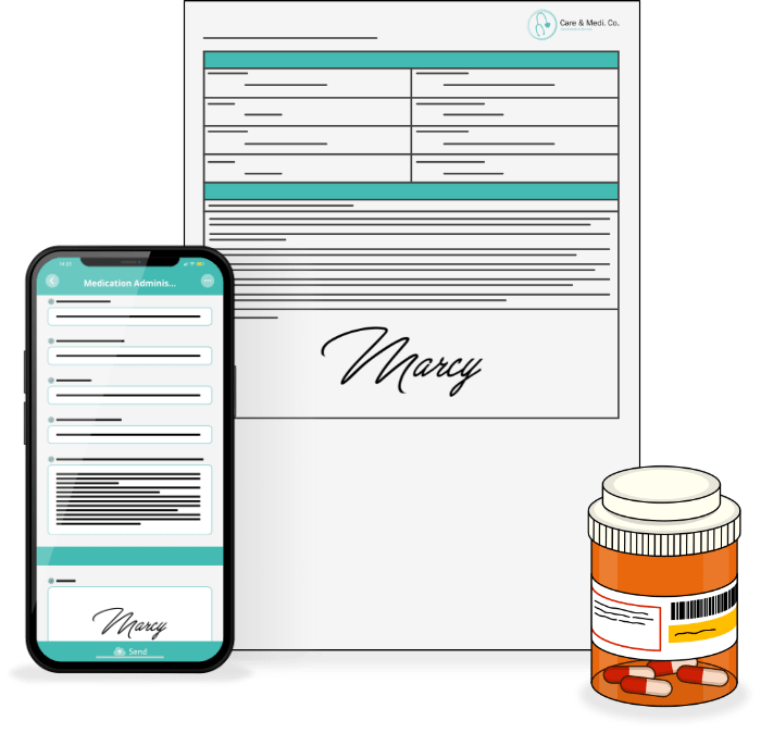 culverdocs-app-with-medication-administration-form-generated-report-and-medication-bottle